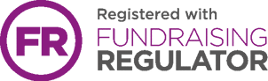 Fundraising Regulator logo. 'FR' in purple font in a purple circle. The text next to it says 'Registered with Fundraising Regulator'.